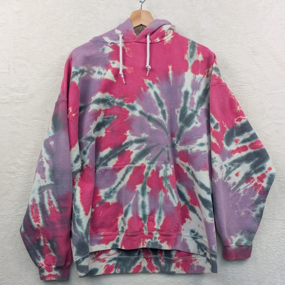 VTG Hanes Hoodie Men's L Pink Tie Dye Spiral Psychedelic Streetwear Hippie 90s